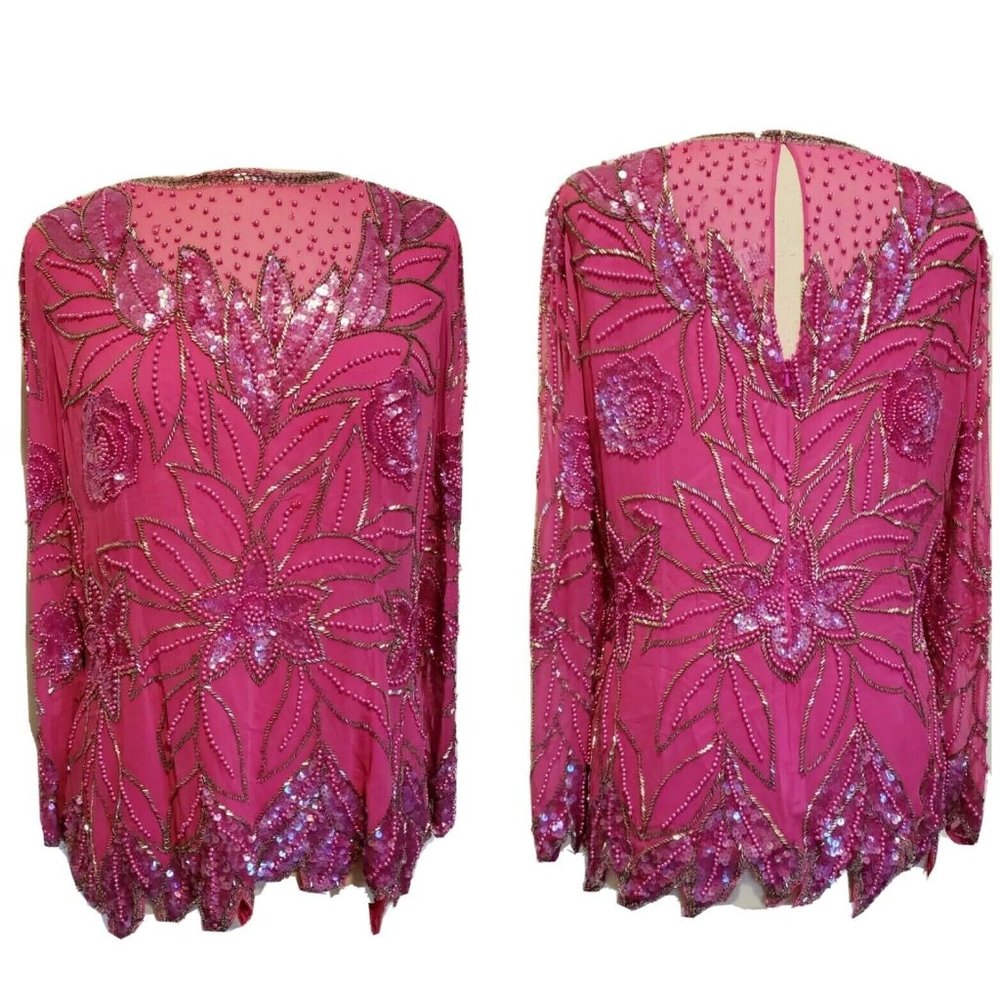 90s Vintage Sequins All Over Blouse Pink Size 12 Top Glam 100% Silk